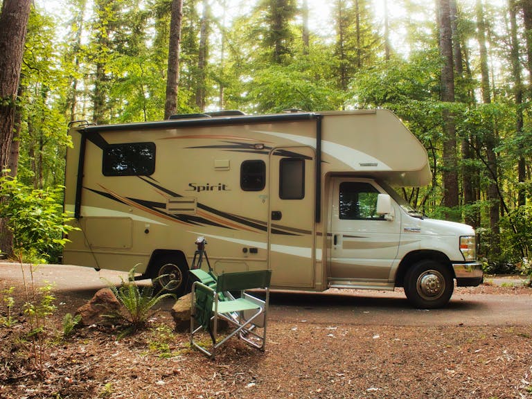 A motorhome parked in a tranquil forest campsite, surrounded by lush greenery.