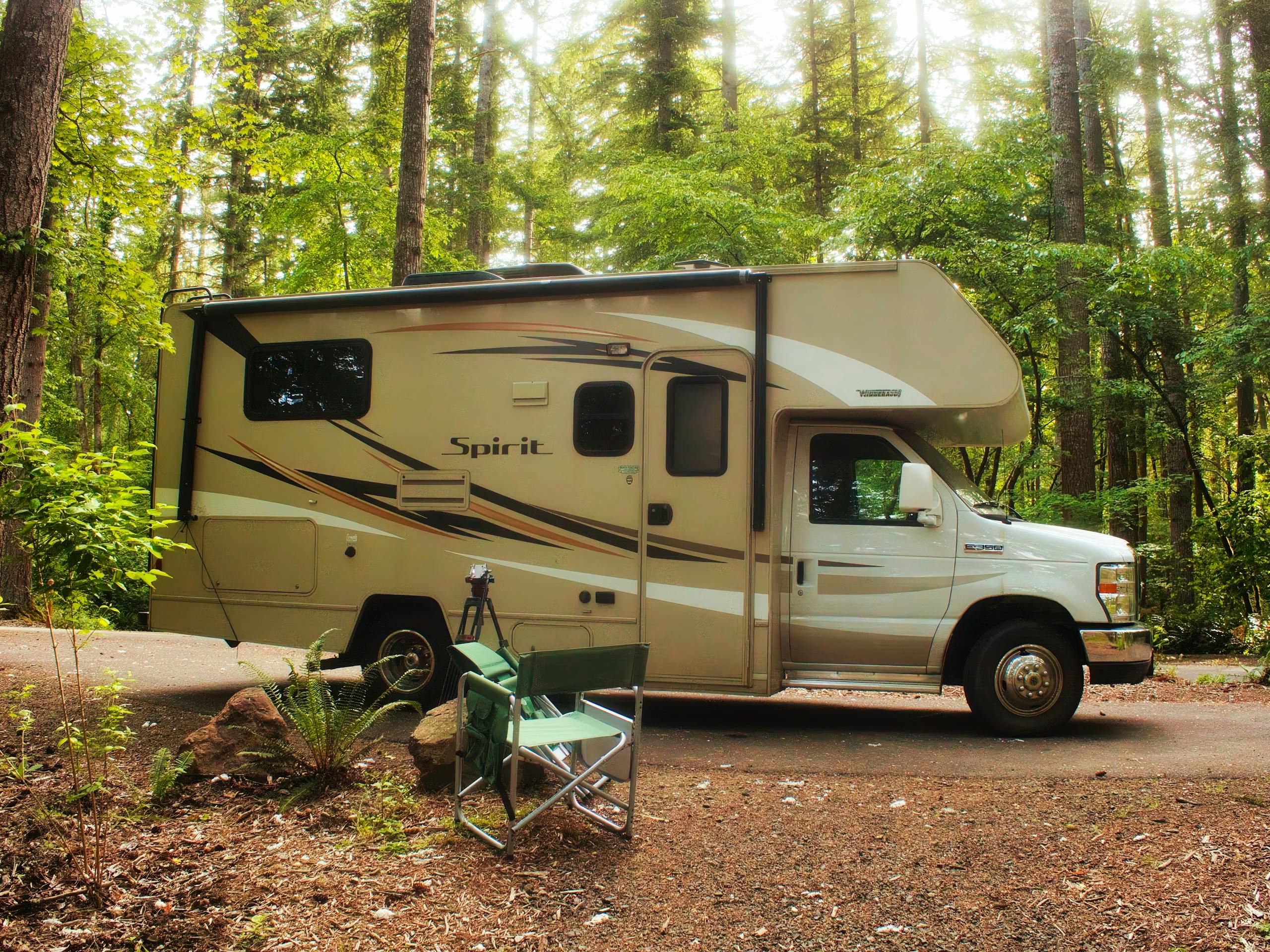 A motorhome parked in a tranquil forest campsite, surrounded by lush greenery.